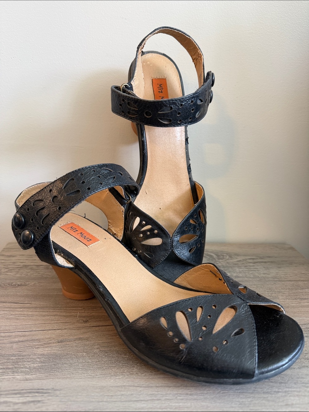 Miz Mooz Black Cutout Leather Ankle Strap Heels 9.0